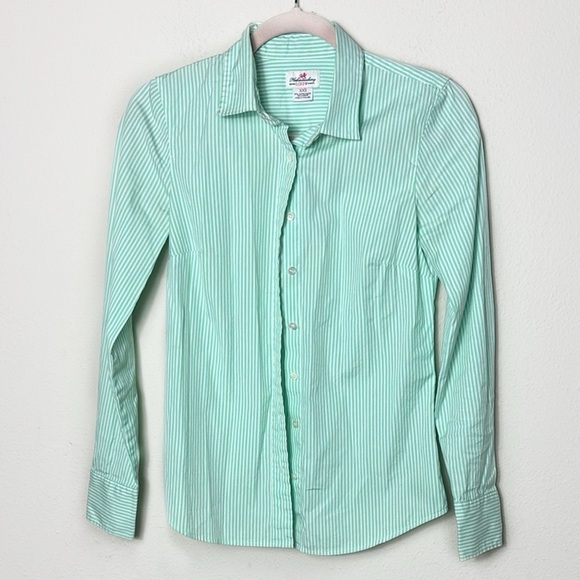 J. Crew Haberdashery Shirt Green White Striped Button Down Long Sleeves size XXS - Picture 1 of 9